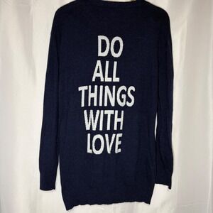 Press Womens Navy Blue Do All Things With Love‎ Graphic Long Cardigan Sweater M